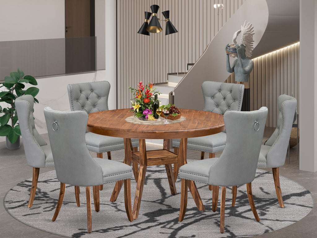 Luxe by East West Furniture F8DA7-50N-27 7-Pc Dining Set Consist a Dinner Table and 6 Light Gray Faux Leather Upholstered Chairs with Button-Tufted Back, Antique Walnut