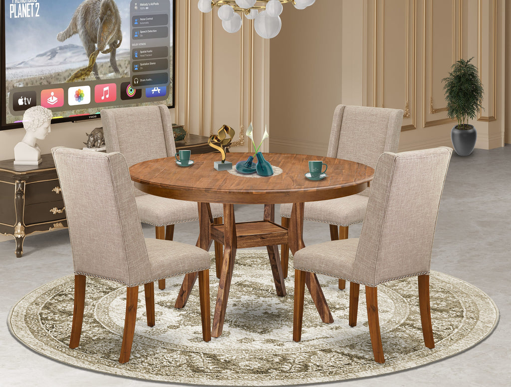 Luxe by East West Furniture F8FL5-50N-04 5-piece Dining Table Set included a kitchen table and 4 Light Tan Linen Fabric dining chairs with Padded Back - Antique Walnut
