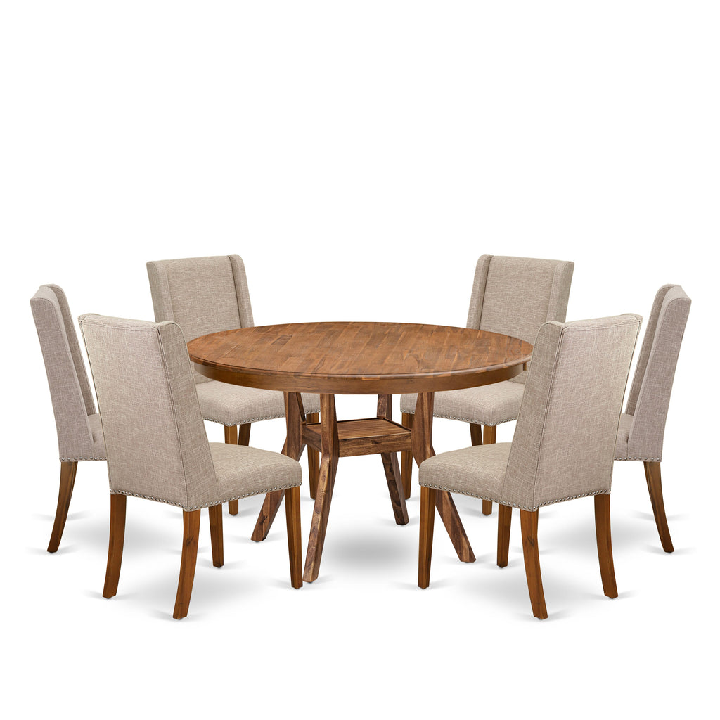 Luxe by East West Furniture F8FL7-50N-04 7-piece Mid Century Dining Set consists of a dinner table and 6 Light Tan Linen Fabric modern chair with Padded Back - Antique Walnut