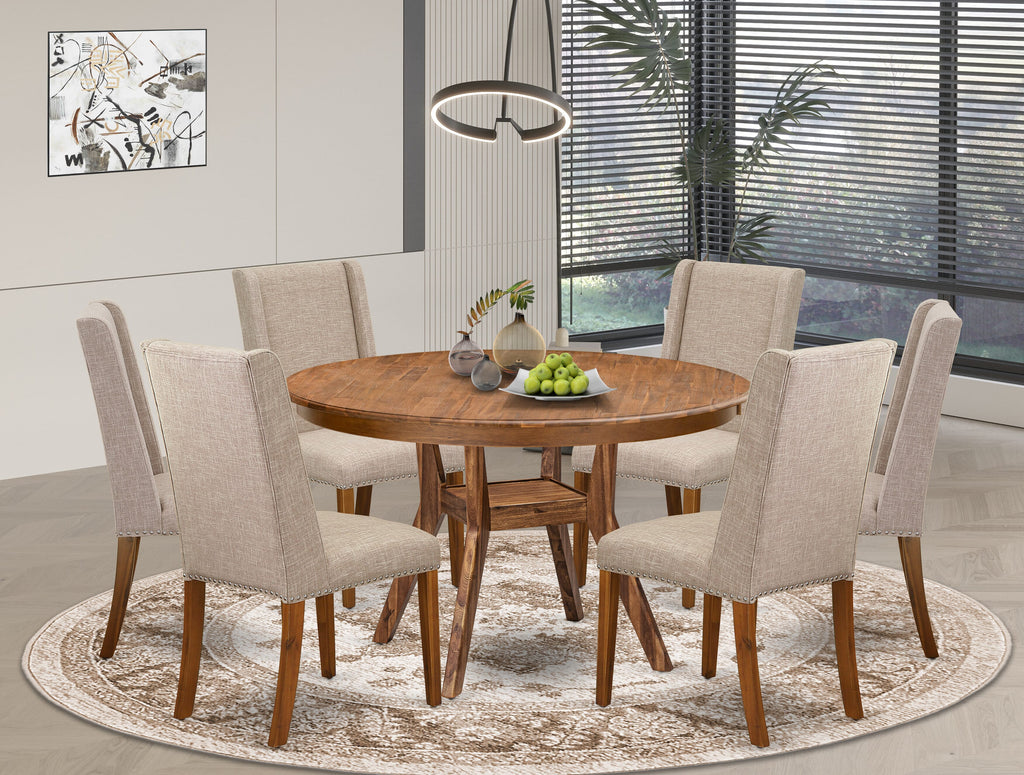 Luxe by East West Furniture F8FL7-50N-04 7-piece Mid Century Dining Set consists of a dinner table and 6 Light Tan Linen Fabric modern chair with Padded Back - Antique Walnut