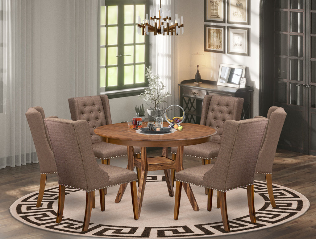 Luxe by East West Furniture - F8FO7-40N-18 - 7-Pc Dining Room Set Consist of A Modern Table and 6 Brown Linen Fabric Modern Chair with Button Tufted Back, Antique Walnut