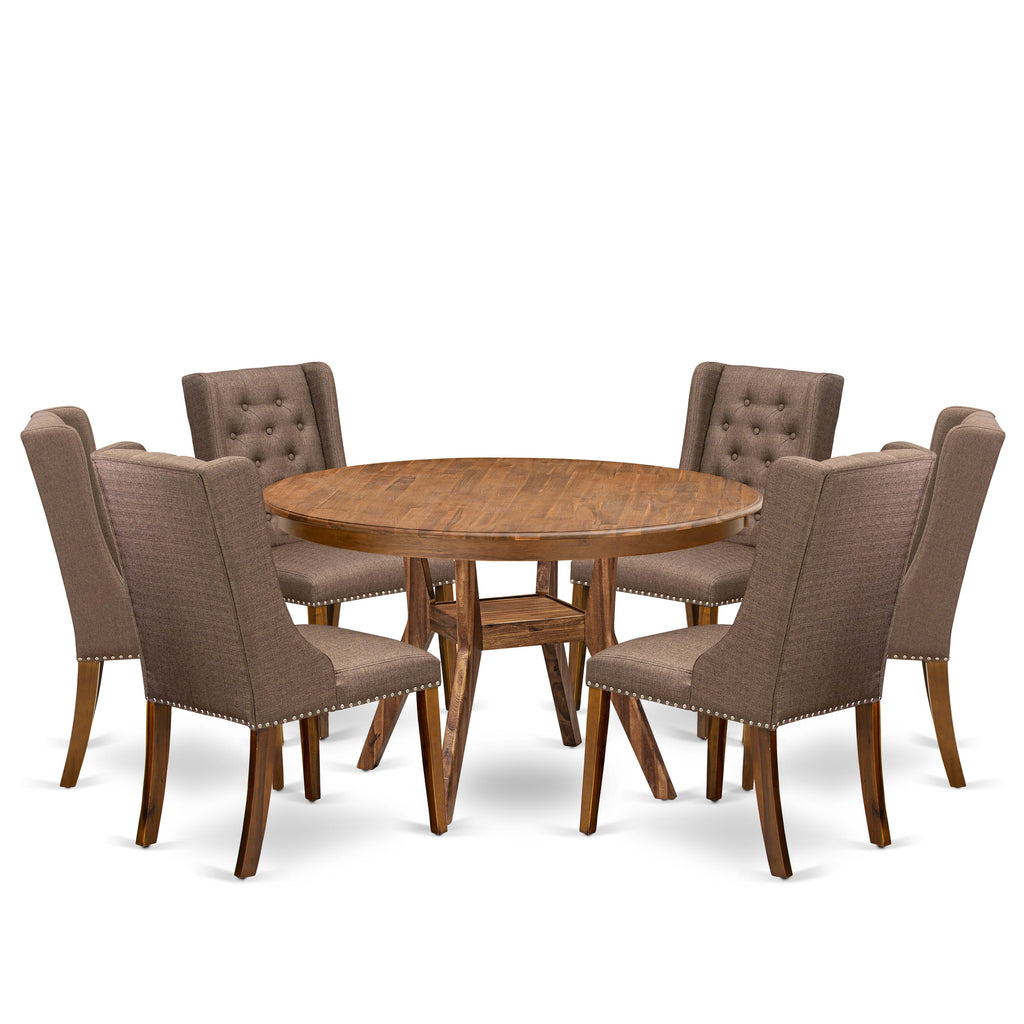 Luxe by East West Furniture - F8FO7-50N-18 - 7-Piece Modern Dining Set Includes A Kitchen Table and 6 Brown Linen Fabric Padded Chairs with Button Tufted Back, Antique Walnut