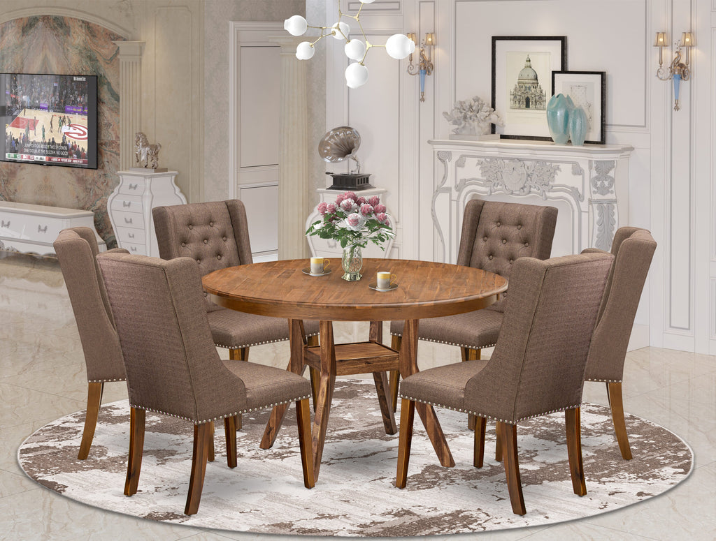 Luxe by East West Furniture - F8FO7-50N-18 - 7-Piece Modern Dining Set Includes A Kitchen Table and 6 Brown Linen Fabric Padded Chairs with Button Tufted Back, Antique Walnut