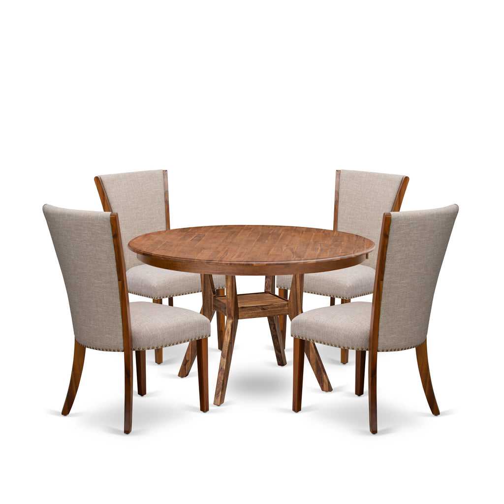 Luxe by East West Furniture F8VE5-50N-04 5 Piece Dining Set Consists of a 54" Round Kitchen Table with Pedestal and 4 Light Tan Linen Fabric Parson Chairs, Antique Walnut