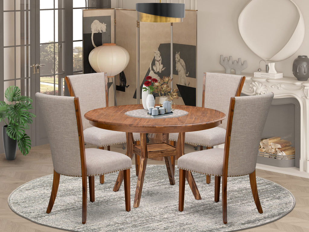 Luxe by East West Furniture F8VE5-50N-04 5 Piece Dining Set Consists of a 54" Round Kitchen Table with Pedestal and 4 Light Tan Linen Fabric Parson Chairs, Antique Walnut