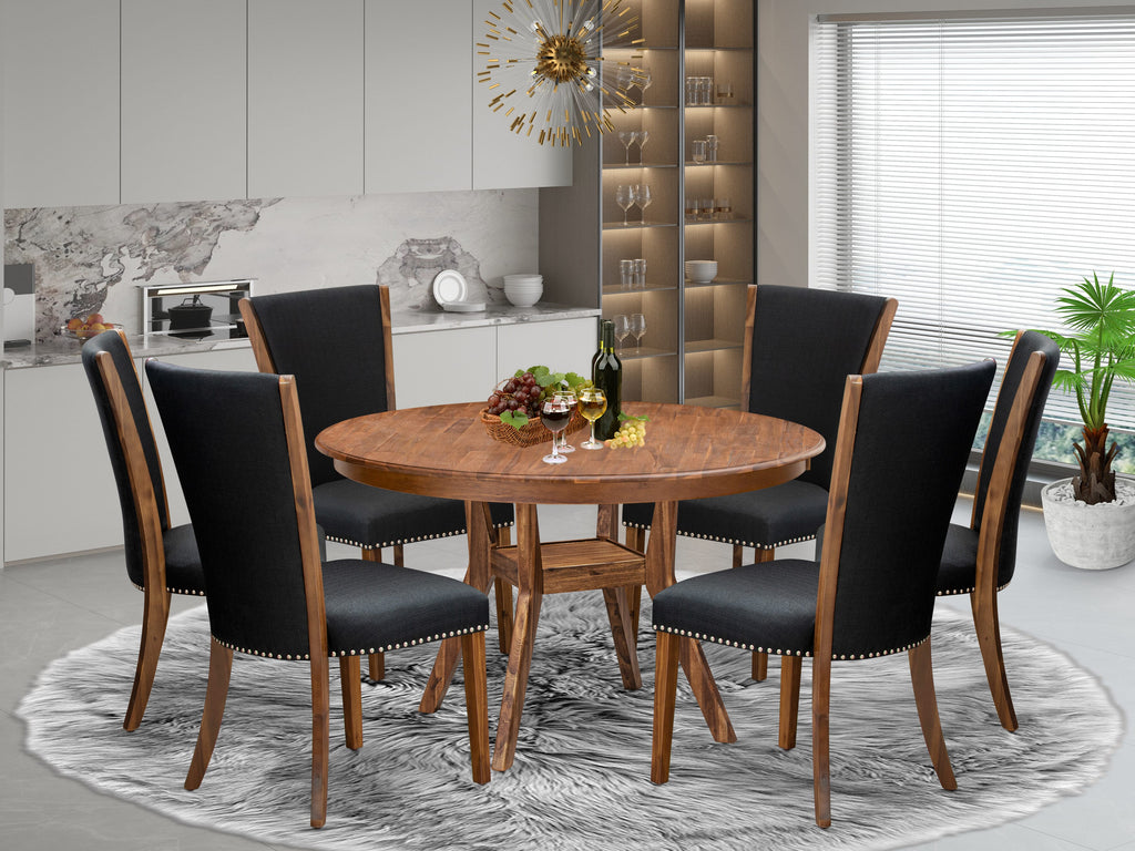 Luxe by East West Furniture F8VE7-50N-24 7 Piece Dining Set for 6 Consists of a 54" Round Table with Pedestal and 6 Black Linen Fabric Parson Chairs, Antique Walnut