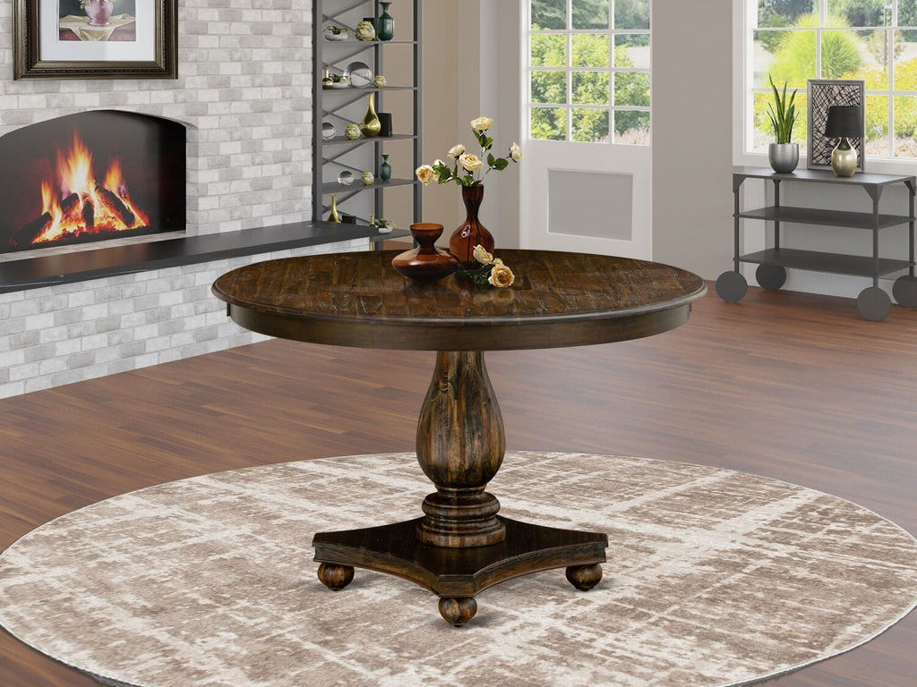 East West Furniture FE2-07-TP FERRIS Round Dinette Table with Pedestal, Rustic Rubberwood Table in Distressed Jacobean Finish, 48 Inch