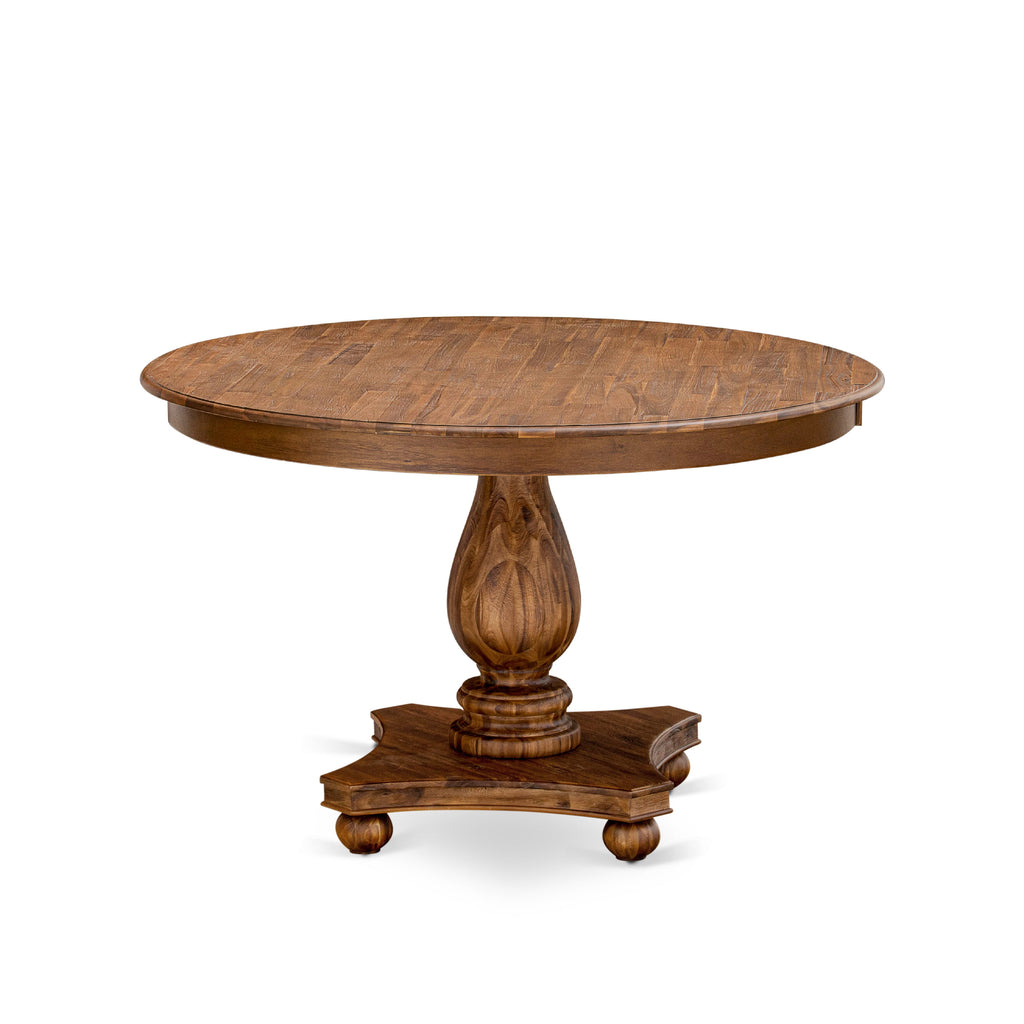 East West Furniture FE2-0N-TP FERRIS Round Dining Table with Pedestal, Rustic Rubberwood Table in Sandblasting Antique Walnut Finish, 48 Inch