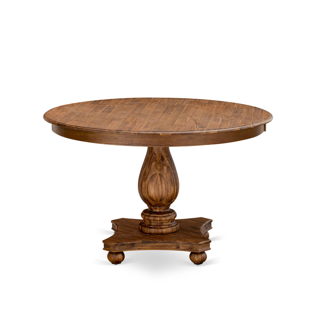 East West Furniture FE2-0N-TP FERRIS Round Dining Table with Pedestal, Rustic Rubberwood Table in Sandblasting Antique Walnut Finish, 48 Inch