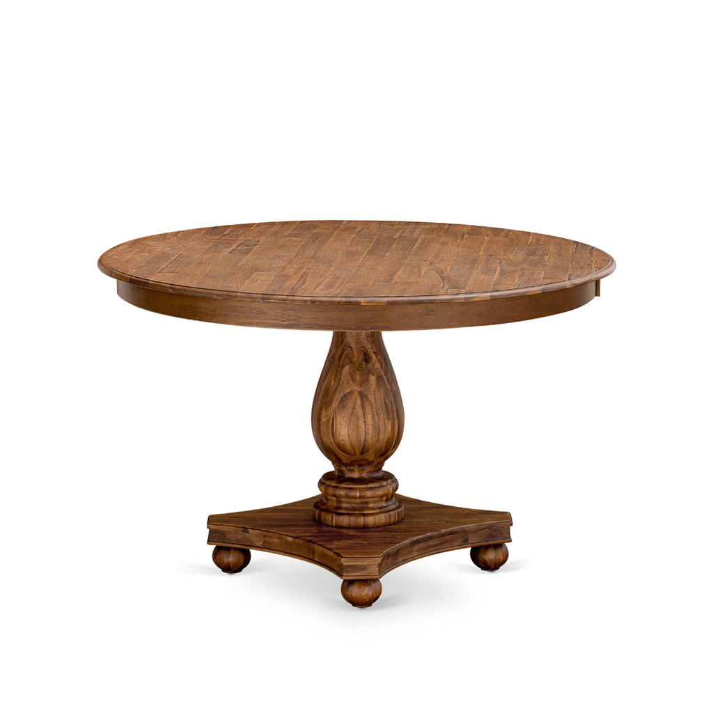 East West Furniture FE2-0N-TP FERRIS Round Dining Table with Pedestal, Rustic Rubberwood Table in Sandblasting Antique Walnut Finish, 48 Inch