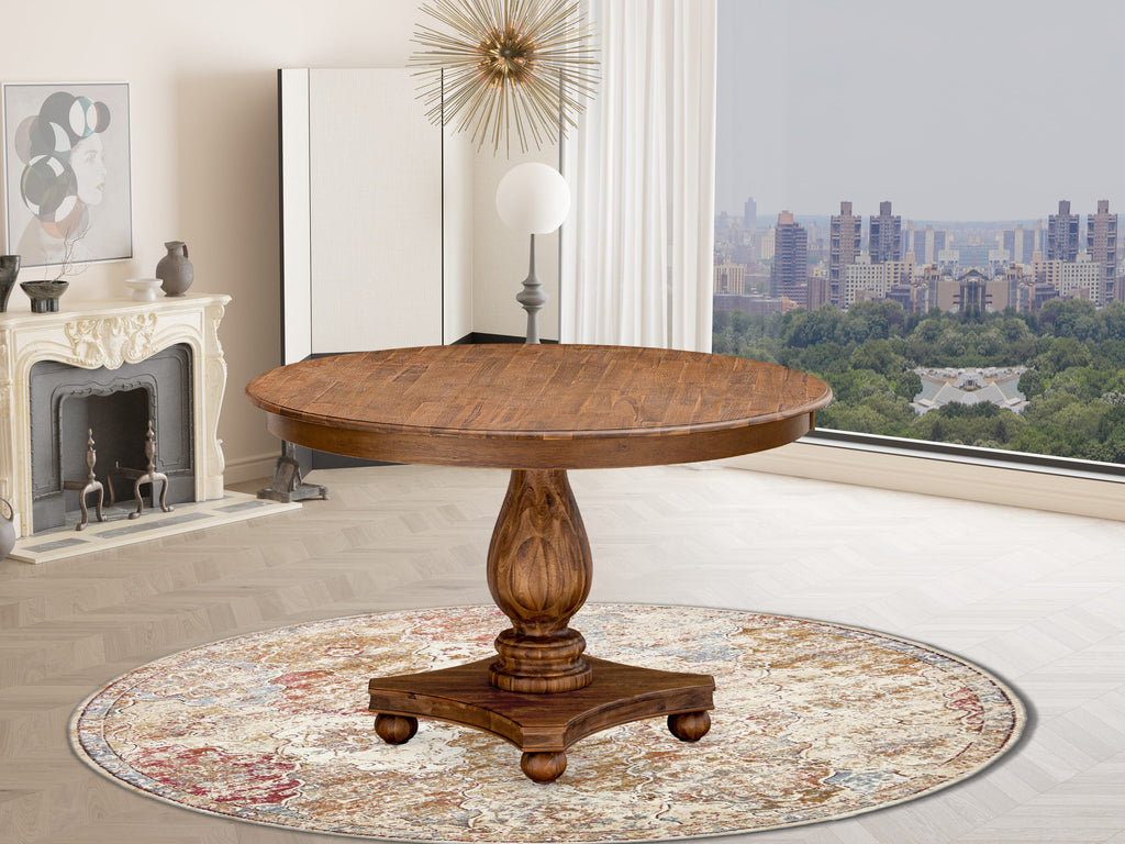 East West Furniture FE2-0N-TP FERRIS Round Dining Table with Pedestal, Rustic Rubberwood Table in Sandblasting Antique Walnut Finish, 48 Inch