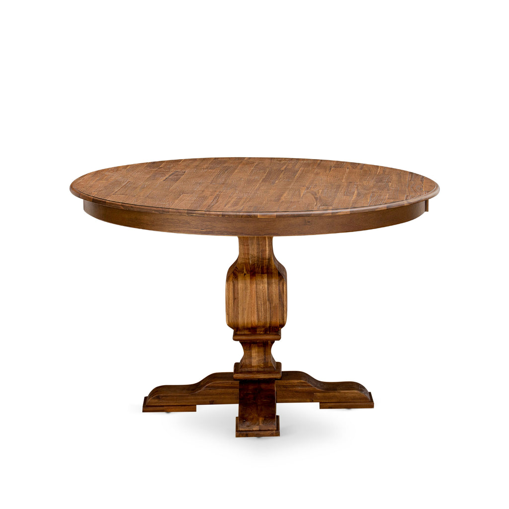 East West Furniture FE3-0N-TP FERRIS Round Dining Table with Pedestal, Rustic Rubberwood Table in Sandblasting Antique Walnut Finish, 48 Inch