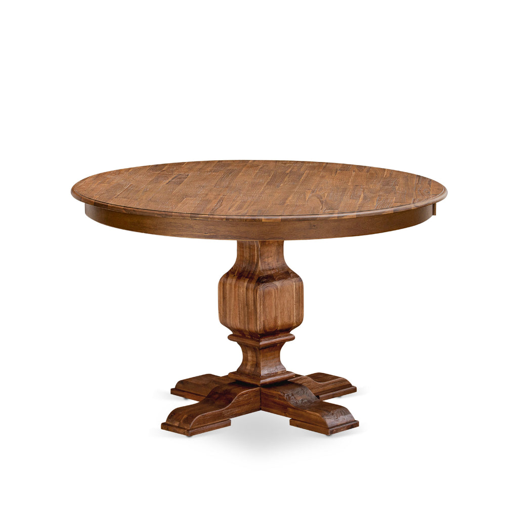East West Furniture FE3-0N-TP FERRIS Round Dining Table with Pedestal, Rustic Rubberwood Table in Sandblasting Antique Walnut Finish, 48 Inch