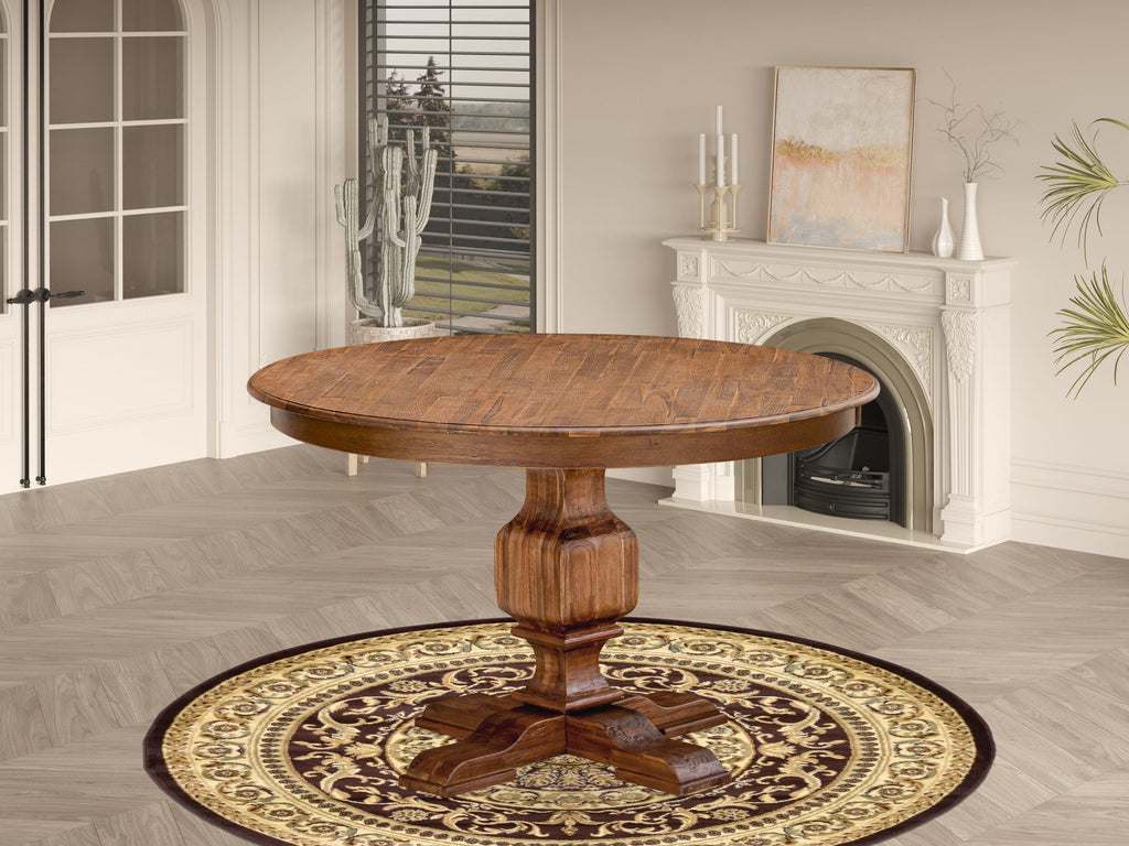 East West Furniture FE3-0N-TP FERRIS Round Dining Table with Pedestal, Rustic Rubberwood Table in Sandblasting Antique Walnut Finish, 48 Inch