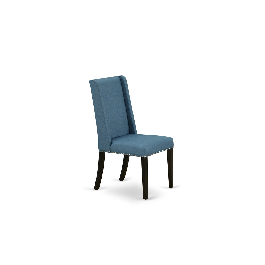 East West Furniture V627FL121-9 9 Piece Dining Table Set Includes a Rectangle Dining Room Table with V-Legs and 8 Blue Linen Fabric Parsons Chairs, 40x72 Inch, Multi-Color