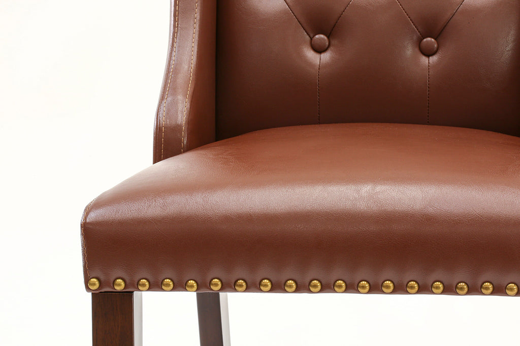 East West Furniture FOP3T46 Forney Parsons Dining Chairs - Button Tufted Nailhead Trim Brown Faux Faux Leather Upholstered Chairs