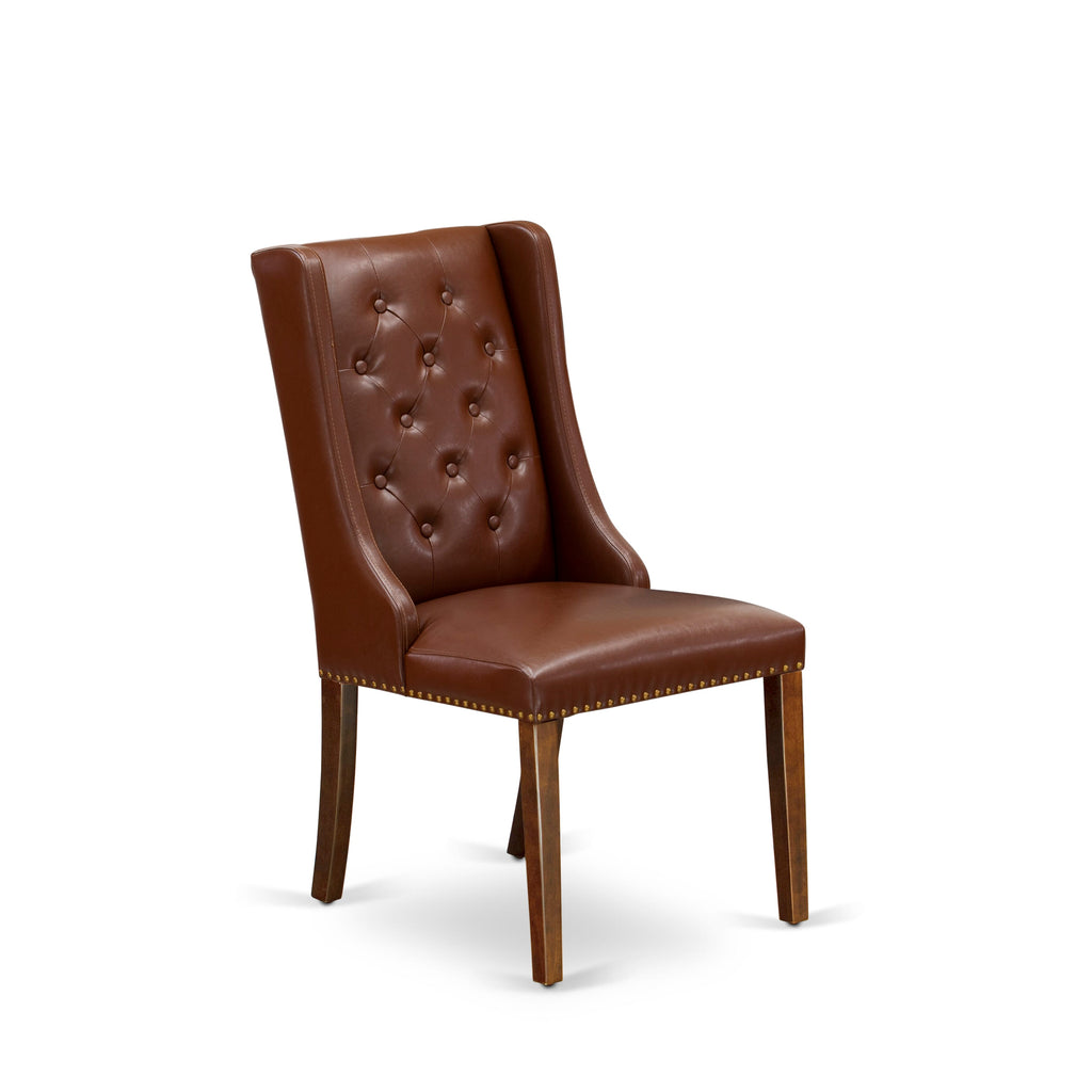 East West Furniture FOP3T46 Forney Parsons Dining Chairs - Button Tufted Nailhead Trim Brown Faux Faux Leather Upholstered Chairs