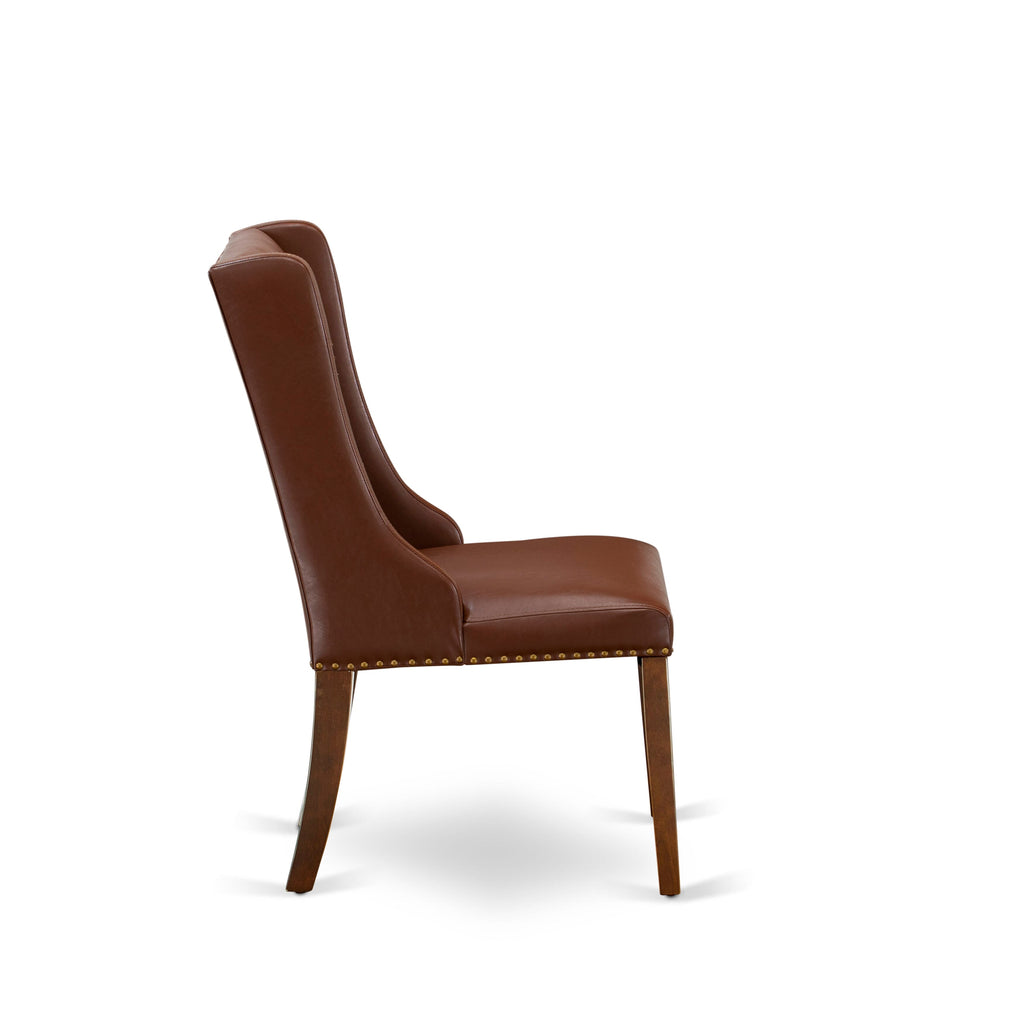 East West Furniture FOP3T46 Forney Parsons Dining Chairs - Button Tufted Nailhead Trim Brown Faux Faux Leather Upholstered Chairs