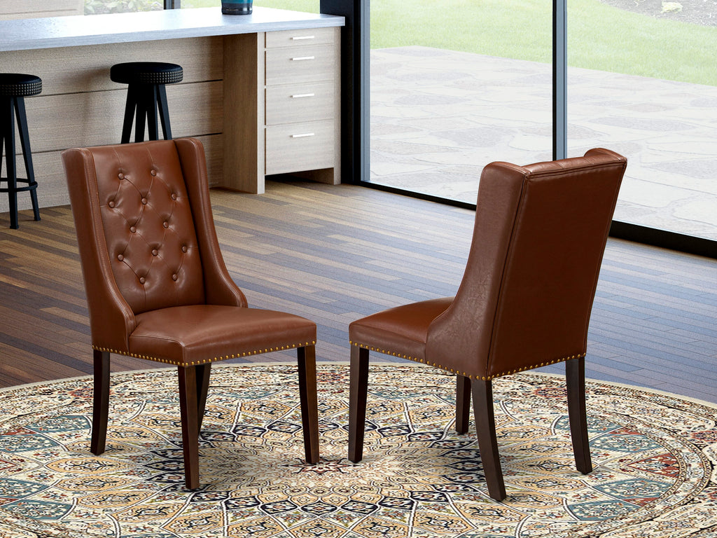 East West Furniture FOP3T46 Forney Parsons Dining Chairs - Button Tufted Nailhead Trim Brown Faux Faux Leather Upholstered Chairs