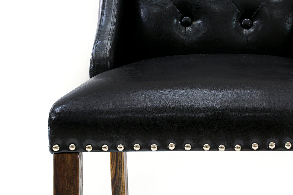 East West Furniture X777FO749-7 7 Piece Dining Room Set - 6 Black Pu faux Leather Upholstered Chair Button Tufted with Nailheads and Mid Century Dining Table - Distressed Jacobean Finish