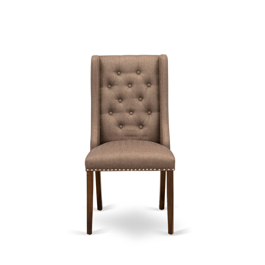 Luxe by East West Furniture NKFO7-AWA-18 - 7-piece dining room set includes a dinner table and 6 Brown Linen Fabric upholstered chairs with Button Tufted Chair Back - Antique Walnut finish.