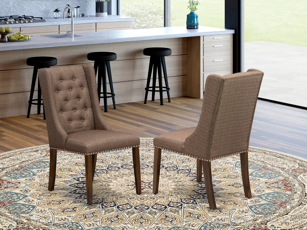 East West Furniture FOP8T18 Forney Parson Dining Room Chairs - Button Tufted Nailhead Trim Brown Linen Linen Fabric Padded Chairs