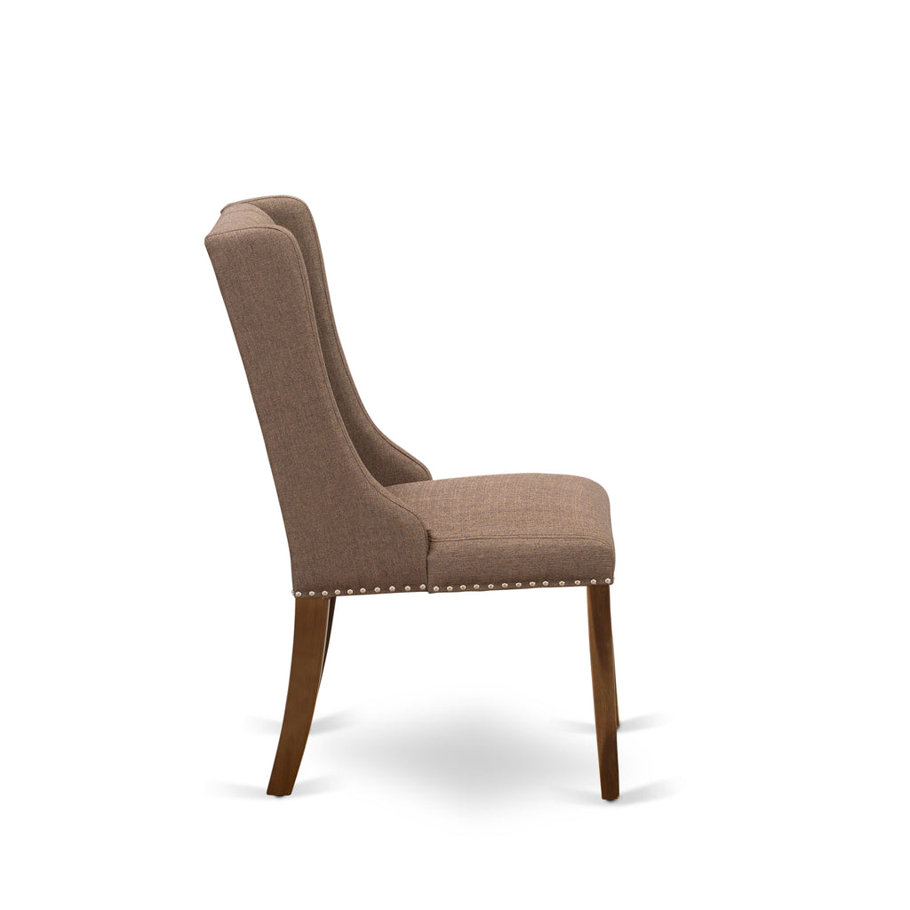 East West Furniture FOP8T18 Forney Parson Dining Room Chairs - Button Tufted Nailhead Trim Brown Linen Linen Fabric Padded Chairs