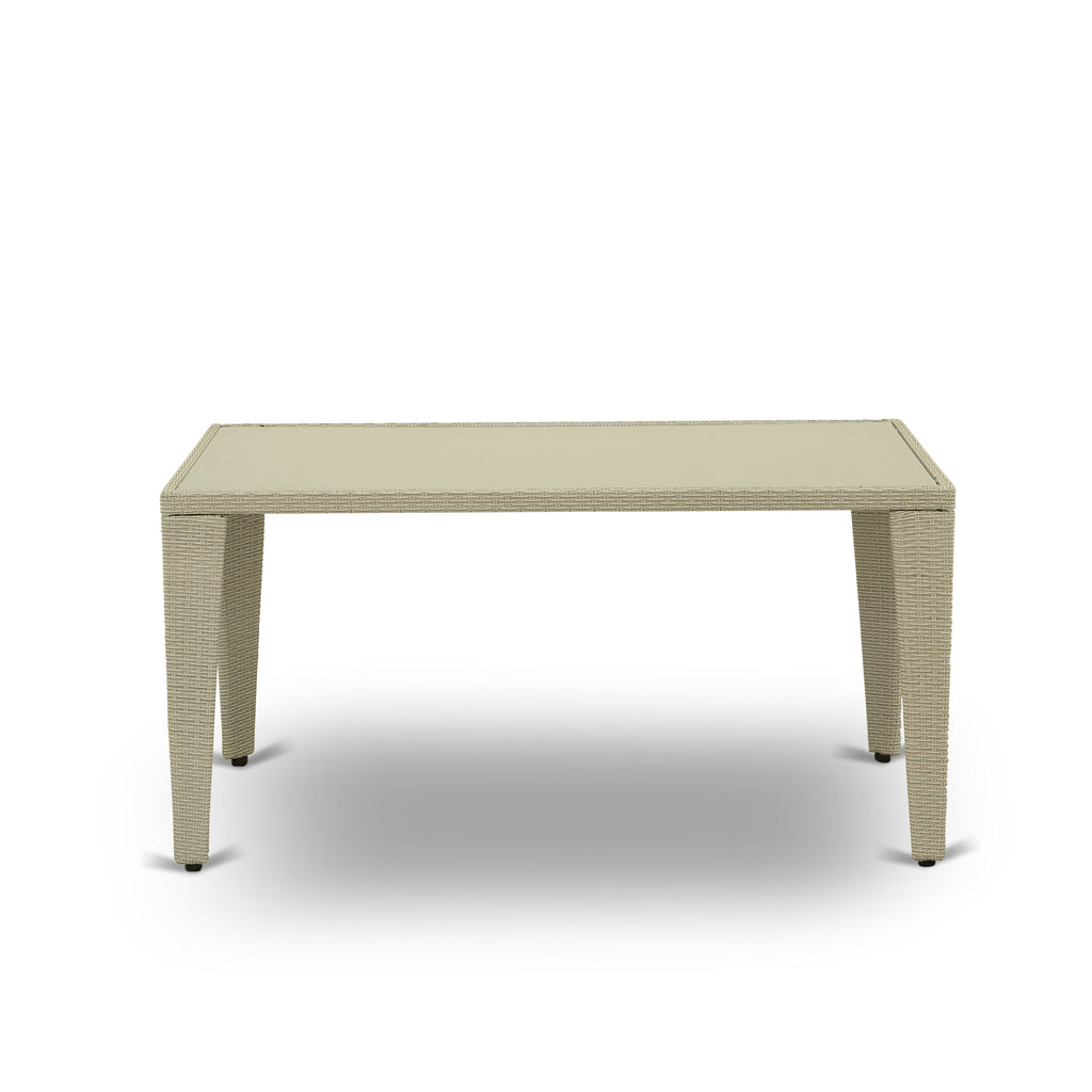 East West Furniture GULTG03 Gudhjem Outdoor Wicker Dining Table - Rectangle PE Wicker Table with Glass Top