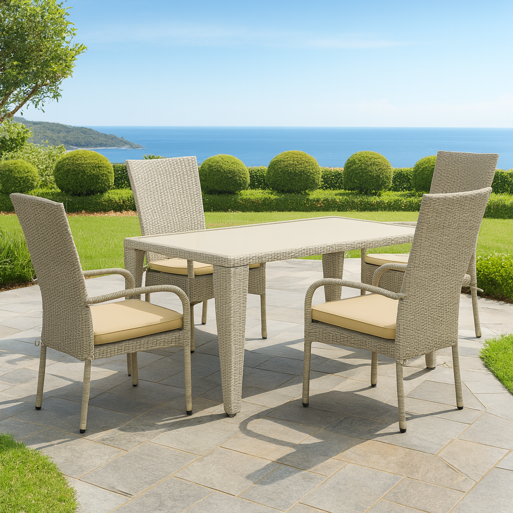 East West Furniture GUOS5-03A 5 Piece Outdoor Patio Conversation Sets Includes a Rectangle Wicker Dining Table with Glass Top and 4 Balcony Backyard Armchair with Cushion, 36x60 Inch, Natural Linen
