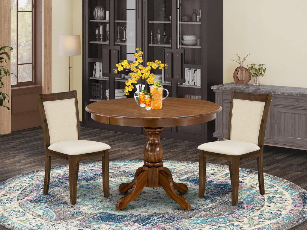 East West Furniture HBMZ3-AWA-32 3 Piece Dinette Set for Small Spaces Includes a Round Kitchen Dining Table and 2 Upholstered Parson Chairs, 42x42 Inch, Antique Walnut