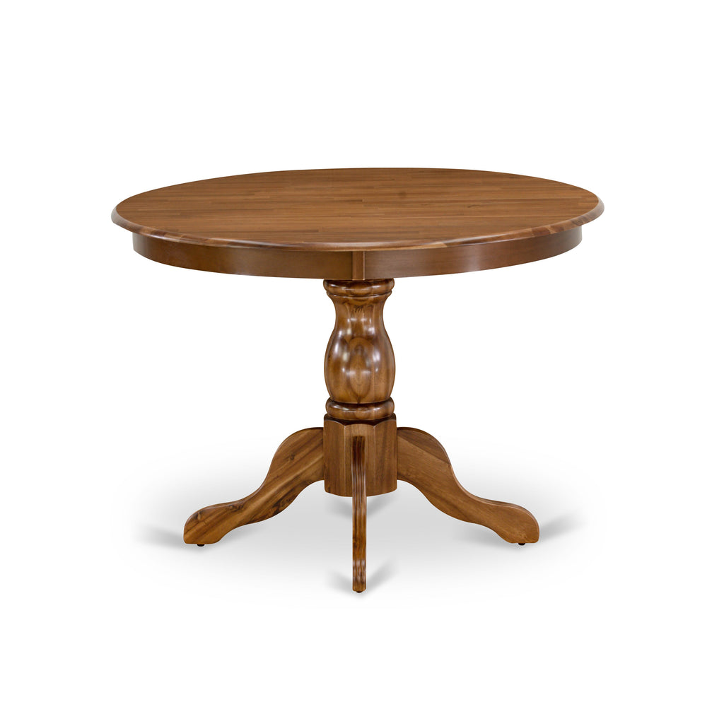 East West Furniture HBX15-AWA-04 5-piece Dining Table Set included a Round Kitchen Table and 4 Light Tan Linen Fabric stackable Chair, Antique Walnut Finish.