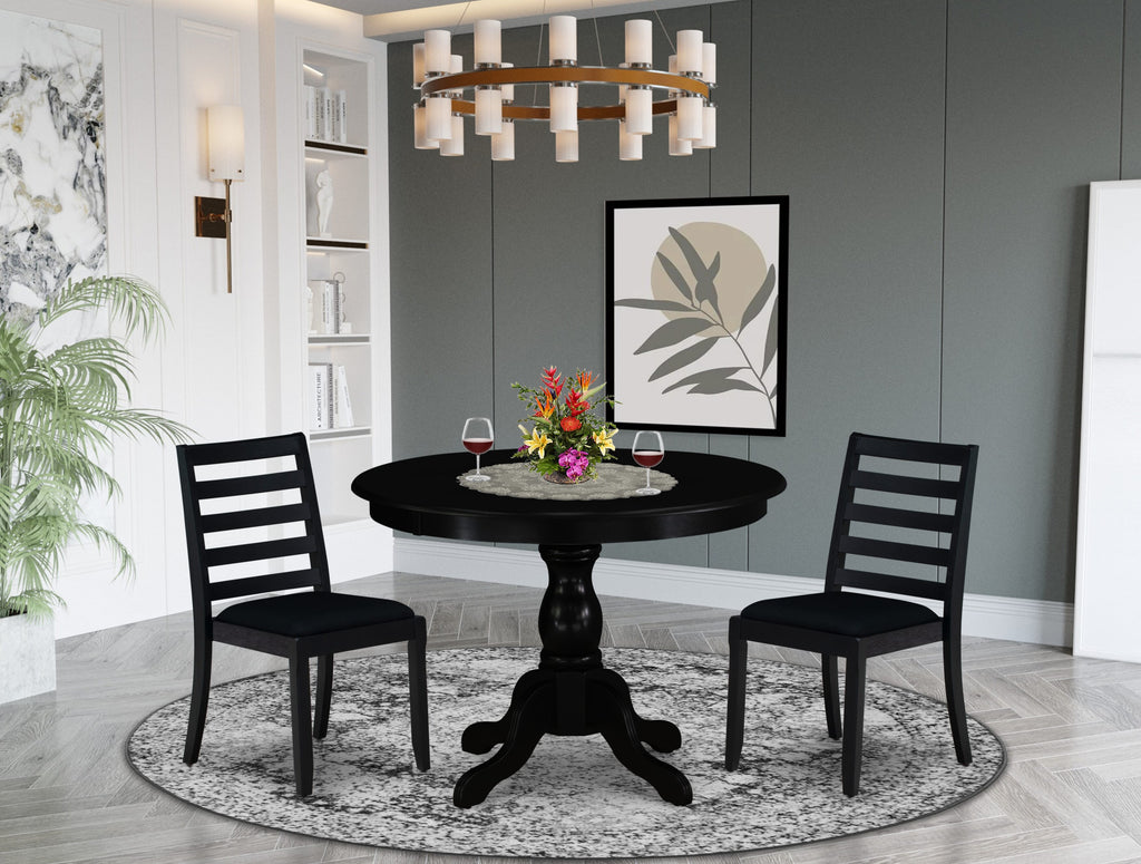 East West Furniture HBX13-ABK-24 -3 Piece Dining Set Includes a Round Kitchen Table with Wire Brushed Black Tabletop & 2 Stackable Linen Fabric Chairs, Wire Brushed Black