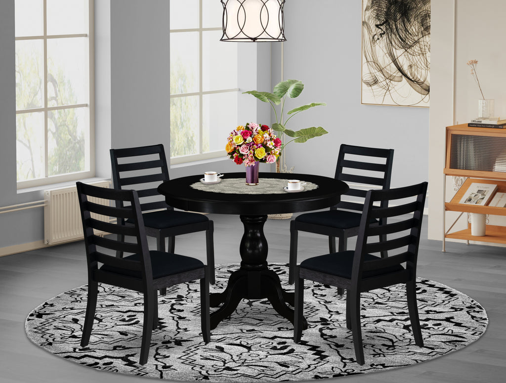 East West Furniture HBX15-ABK-24 -5 Piece Dining Set Includes a Round Kitchen Table with Wire Brushed Black Tabletop & 4 Stackable Linen Fabric Chairs, Wire Brushed Black