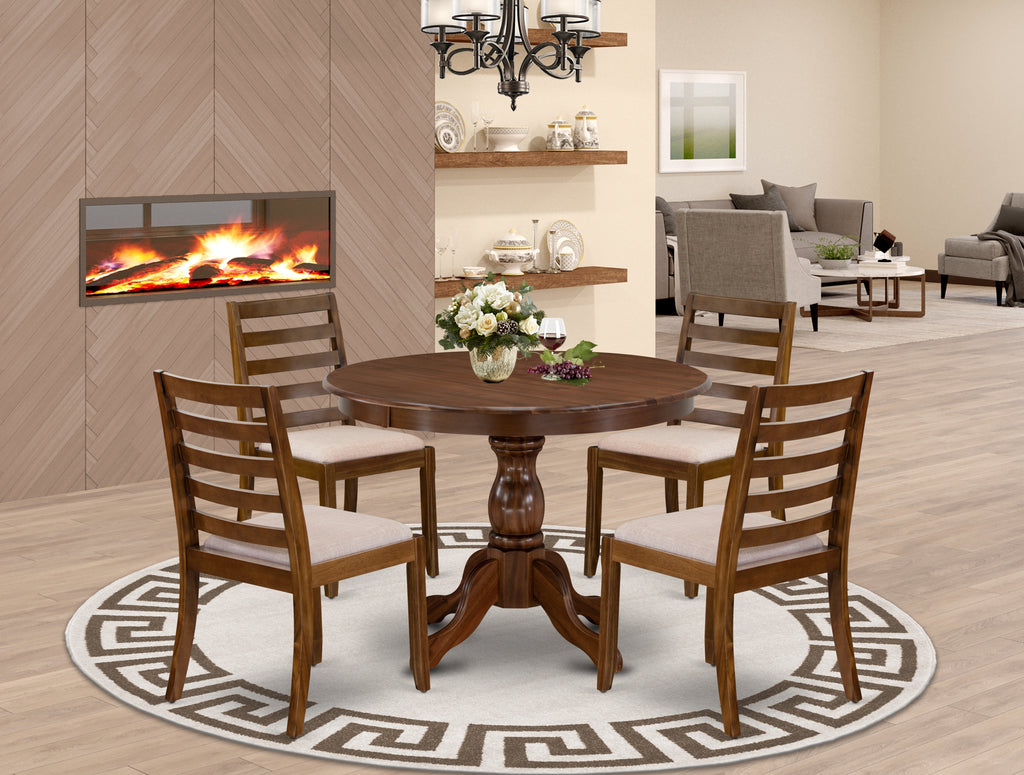 East West Furniture HBX15-AWA-04 5-piece Dining Table Set included a Round Kitchen Table and 4 Light Tan Linen Fabric stackable Chair, Antique Walnut Finish.