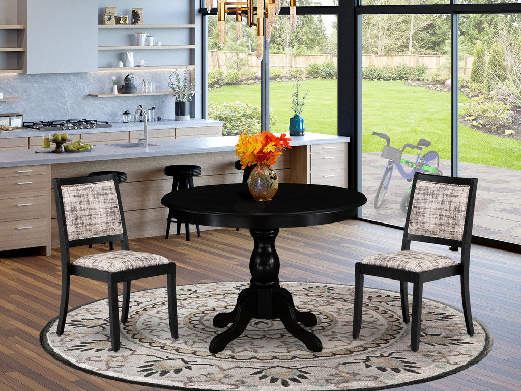 East West Furniture HBX23-ABK-30 -3 Piece Dining Set Includes a Round Kitchen Table with Wire Brushed Black Tabletop & 2 Stackable Faux Leather Chairs, Wire Brushed Black