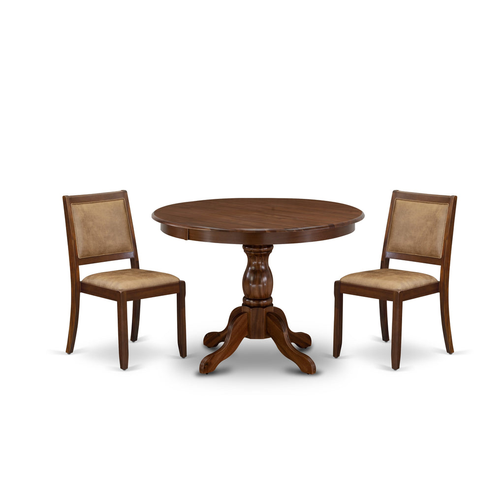 East West Furniture HBX23-AWA-28 3-piece Kitchen Table Set included a Round Kitchen Table and 2 Brown Texture Faux Leather stackable dining Chair, Antique Walnut Finish.