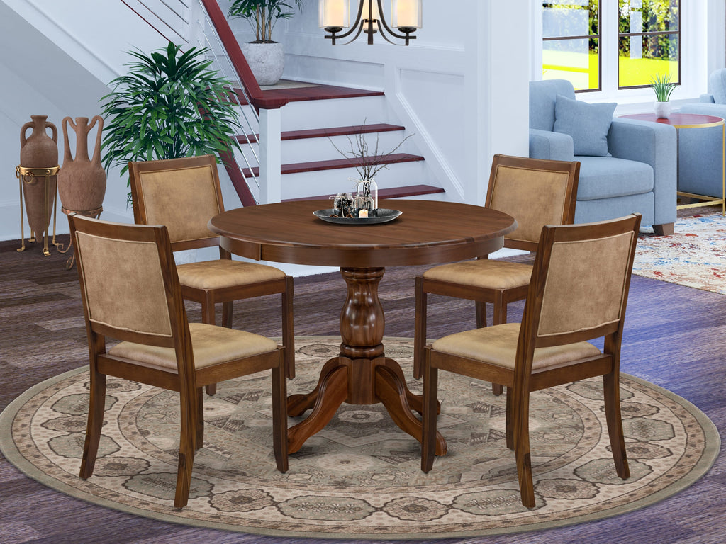 East West Furniture HBX25-AWA-28 5-piece Mid-century Dining Table set consists of a Round Kitchen Table and 4 Brown Texture Faux Leather stackable kitchen Chair, Antique Walnut Finish.