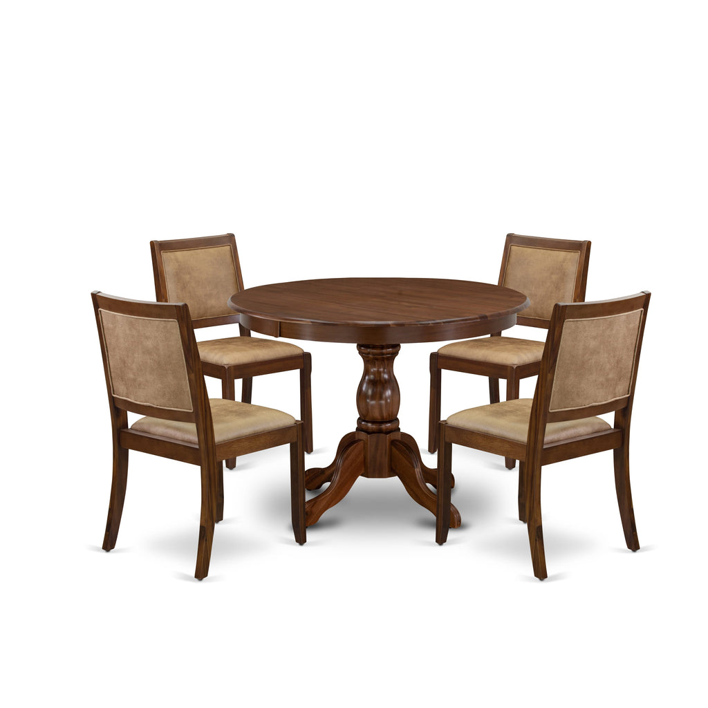 East West Furniture HBX25-AWA-28 5-piece Mid-century Dining Table set consists of a Round Kitchen Table and 4 Brown Texture Faux Leather stackable kitchen Chair, Antique Walnut Finish.