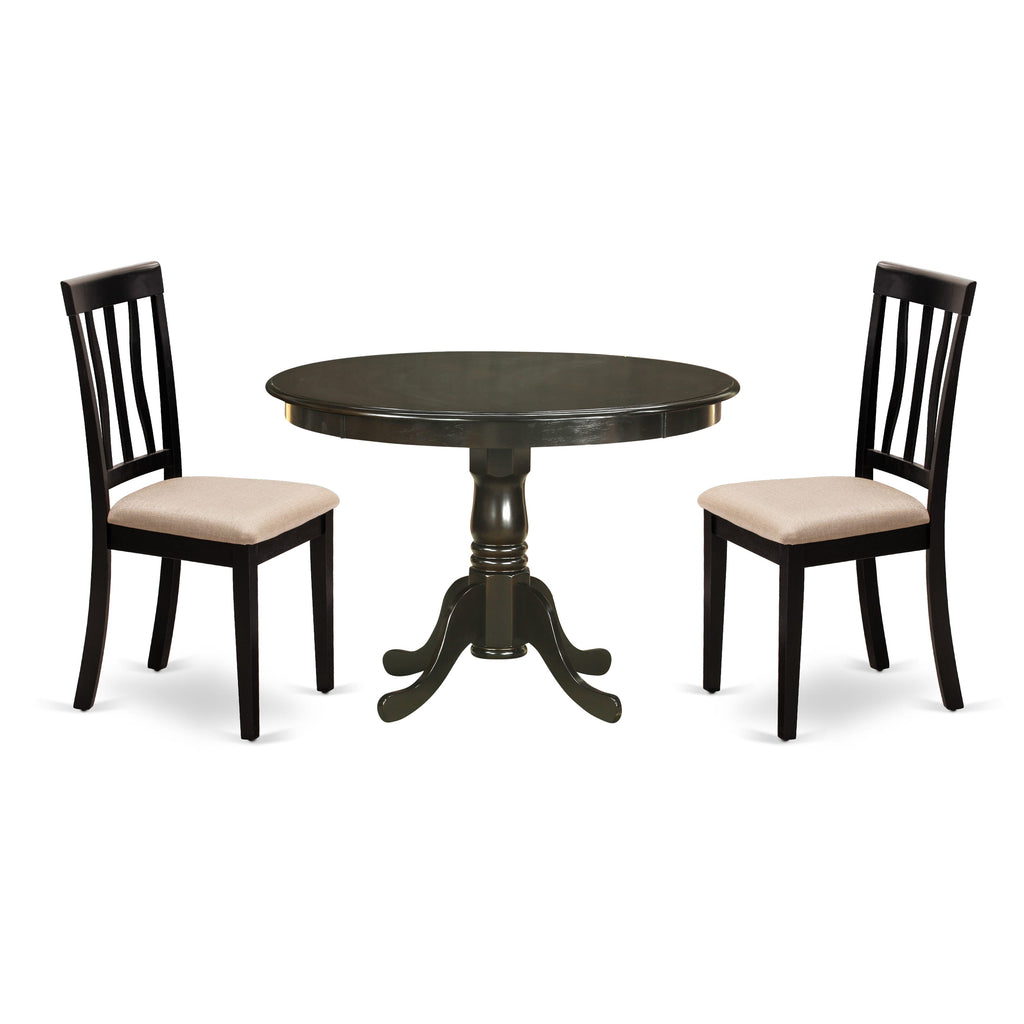 East West Furniture HLAN3-CAP-C 3 Piece Dining Table Set for Small Spaces Contains a Round Dining Room Table with Pedestal and 2 Linen Fabric Upholstered Chairs, 42x42 Inch, Cappuccino