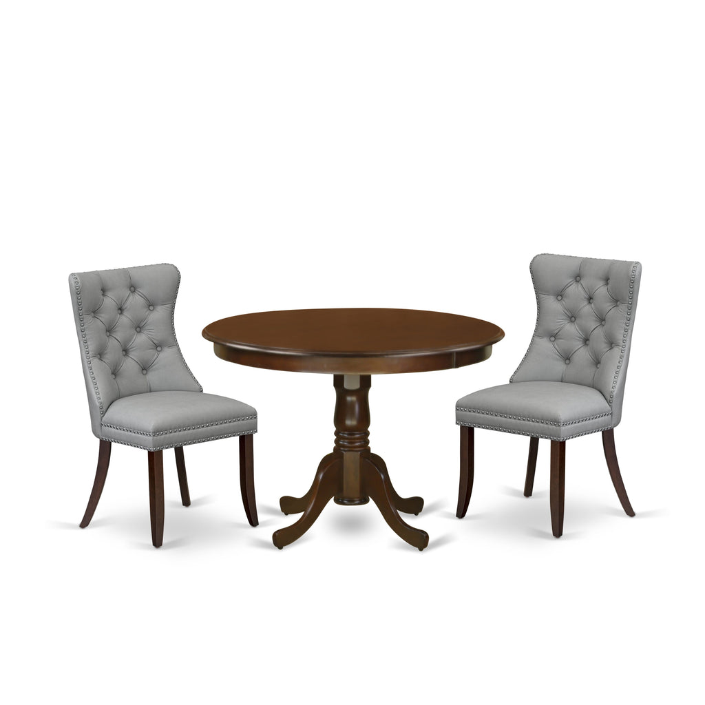 East West Furniture HLDA3-MAH-27 3 Piece Dining Set Consists of a Round Kitchen Table with Pedestal and 2 Upholstered Parson Chairs, 42x42 Inch, Mahogany