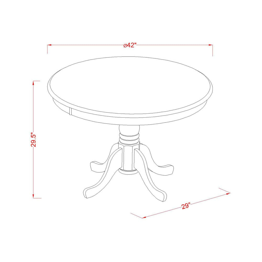 East West Furniture HBX15-AWA-04 5-piece Dining Table Set included a Round Kitchen Table and 4 Light Tan Linen Fabric stackable Chair, Antique Walnut Finish.