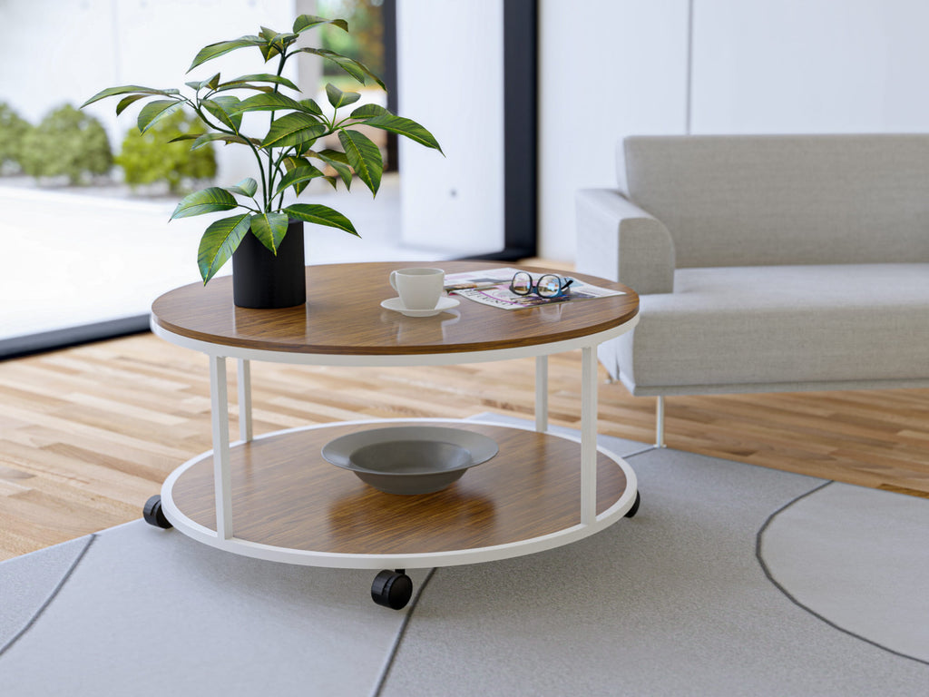 East West Furniture HRCTW01 - Harley Round Coffee Table for Living Room, Mid Century Modern Coffee Table in Powder Coating Linen white Color and Brown Wood Laminate