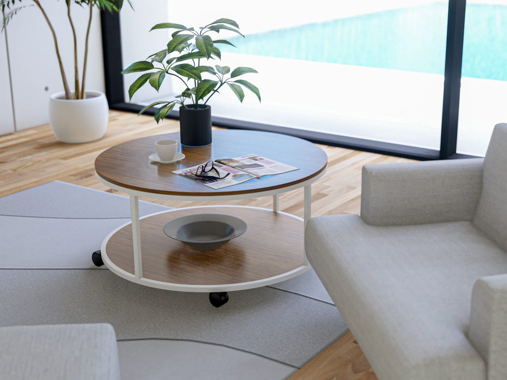 East West Furniture HRCTW01 - Harley Round Coffee Table for Living Room, Mid Century Modern Coffee Table in Powder Coating Linen white Color and Brown Wood Laminate