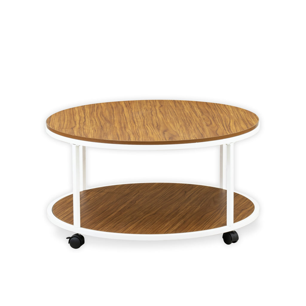 East West Furniture HRCTW01 - Harley Round Coffee Table for Living Room, Mid Century Modern Coffee Table in Powder Coating Linen white Color and Brown Wood Laminate