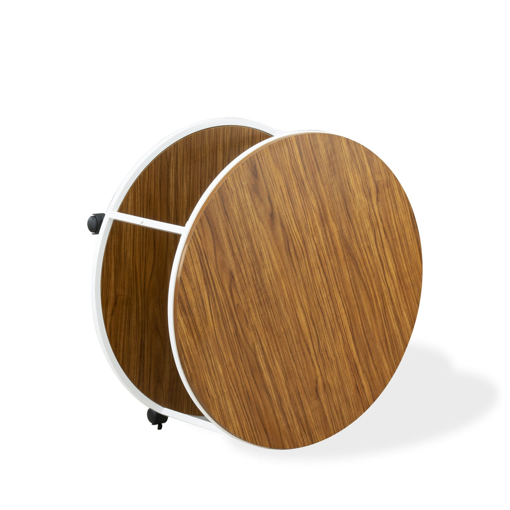 East West Furniture HRCTW01 - Harley Round Coffee Table for Living Room, Mid Century Modern Coffee Table in Powder Coating Linen white Color and Brown Wood Laminate
