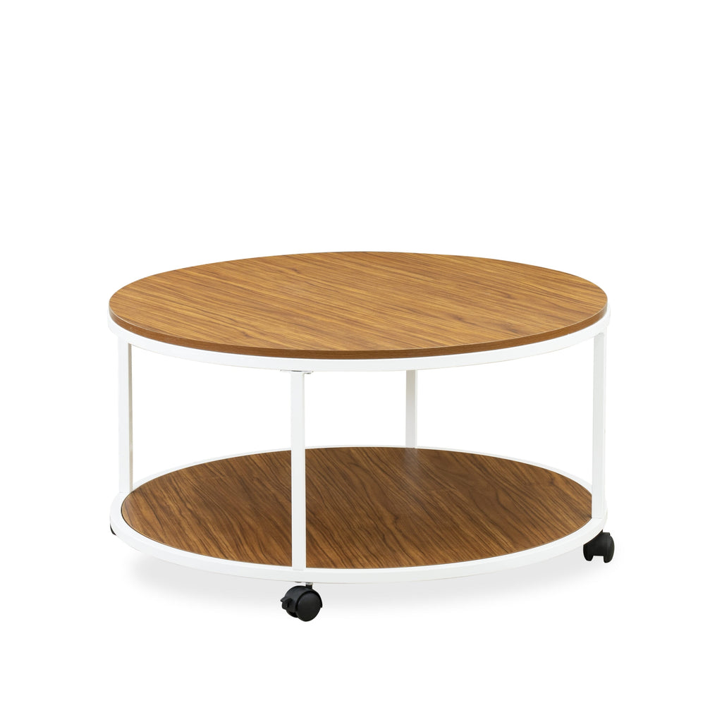 East West Furniture HRCTW01 - Harley Round Coffee Table for Living Room, Mid Century Modern Coffee Table in Powder Coating Linen white Color and Brown Wood Laminate