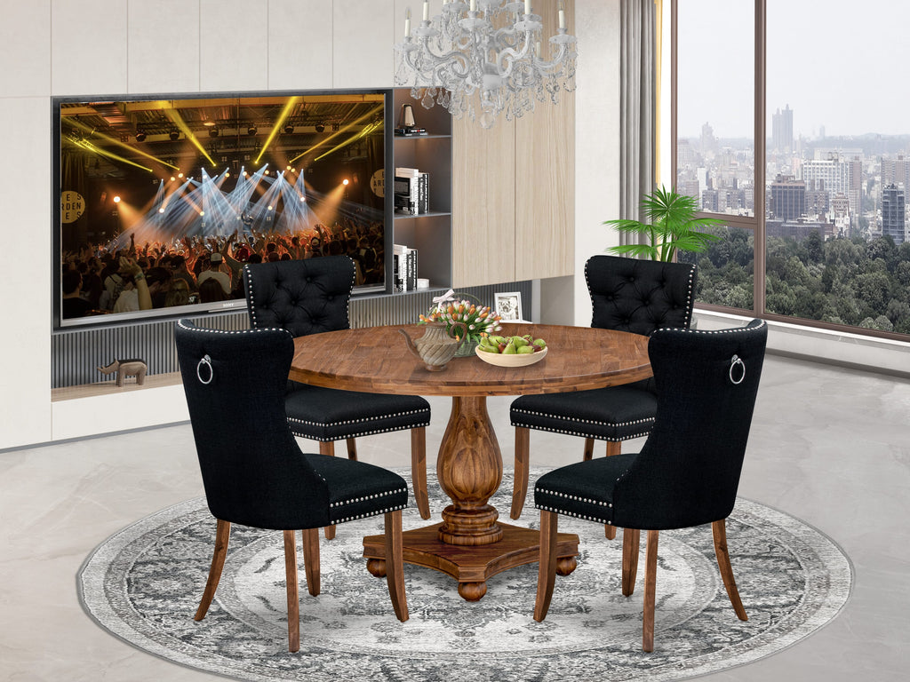 Luxe by East West Furniture I2DA5-50N-24 5-Piece Modern Dining Table Set with Linen Fabric 4 Black upholstered chairs, Button-Tufted Backs, and a 54"Round Table in Antique Walnut Finish.