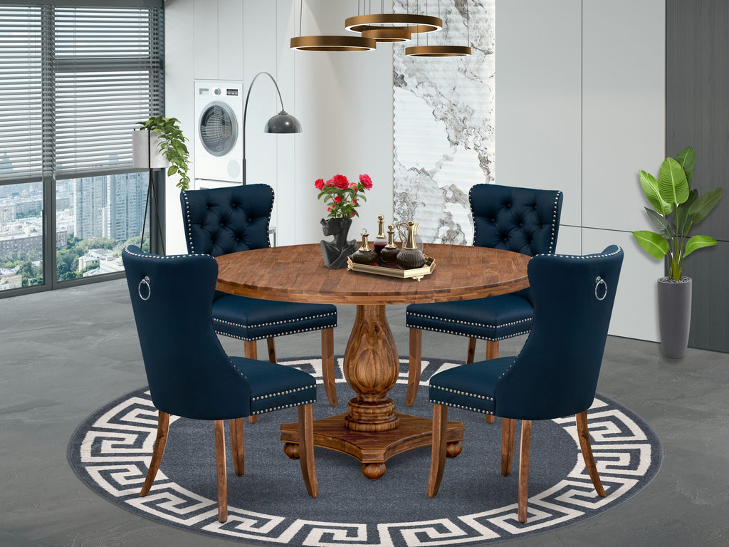 Luxe by East West Furniture I2DA5-50N-29 5-Piece mid-century kitchen set with Faux Leather 4 Navy Blue kitchen chairs, Button-Tufted Backs, and a 54"Round Table in Antique Walnut Finish.