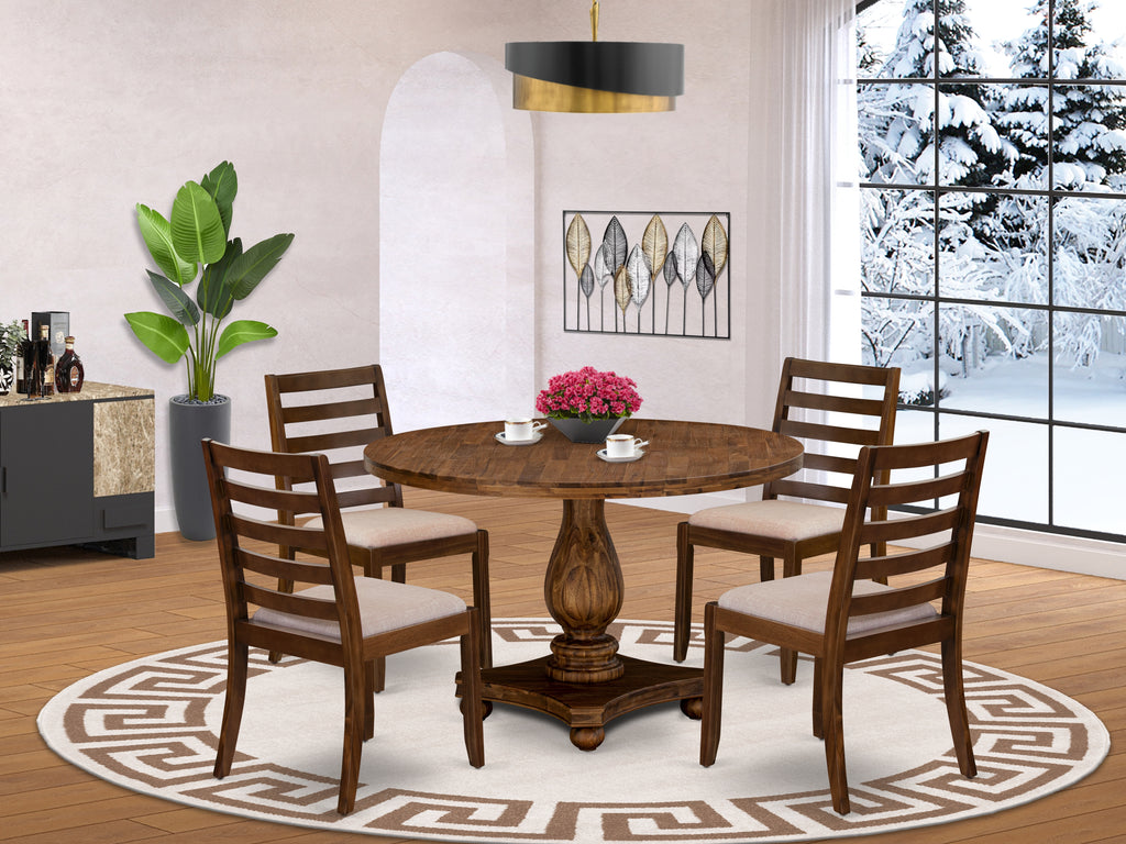 East West Furniture I2X15-0N-04 5-piece Kitchen Table set included a Round Kitchen Table and 4 Light Tan Linen Fabric stackable Chair, Antique Walnut Finish.