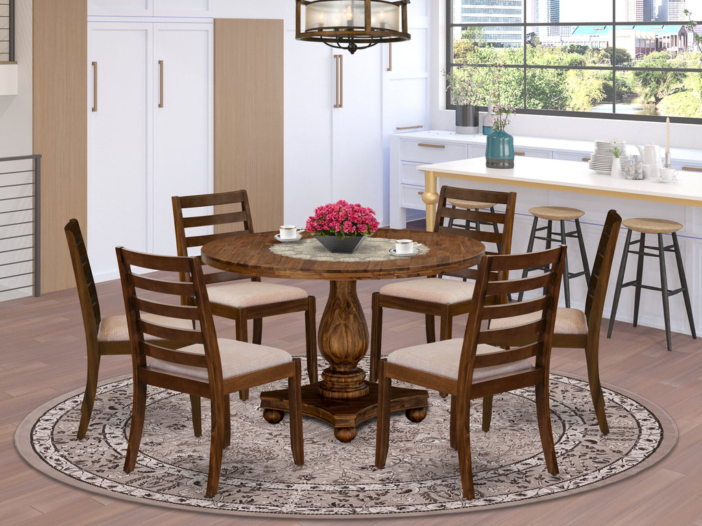 East West Furniture I2X17-0N-04 7-piece Dining Room Table Set consists of a Round Kitchen Table and 6 Light Tan Linen Fabric stackable Dining Chair, Antique Walnut Finish.